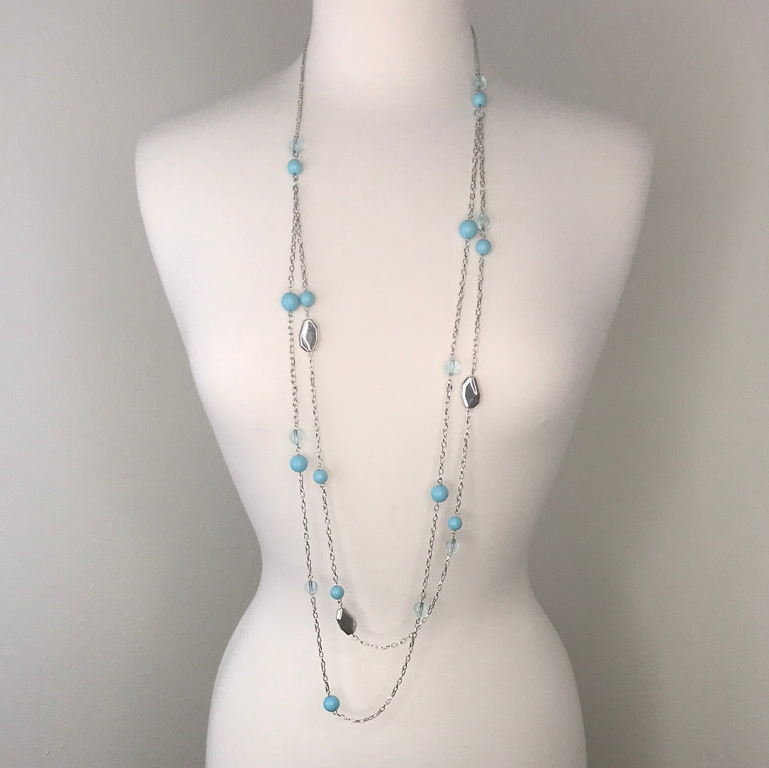 Vintage Long beaded Light blue and silver Necklace